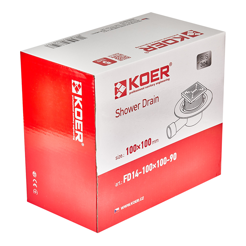 Душевой трап из нержавеющей стали SUS304 Koer FD14-100x100-90 (угловой отвод)