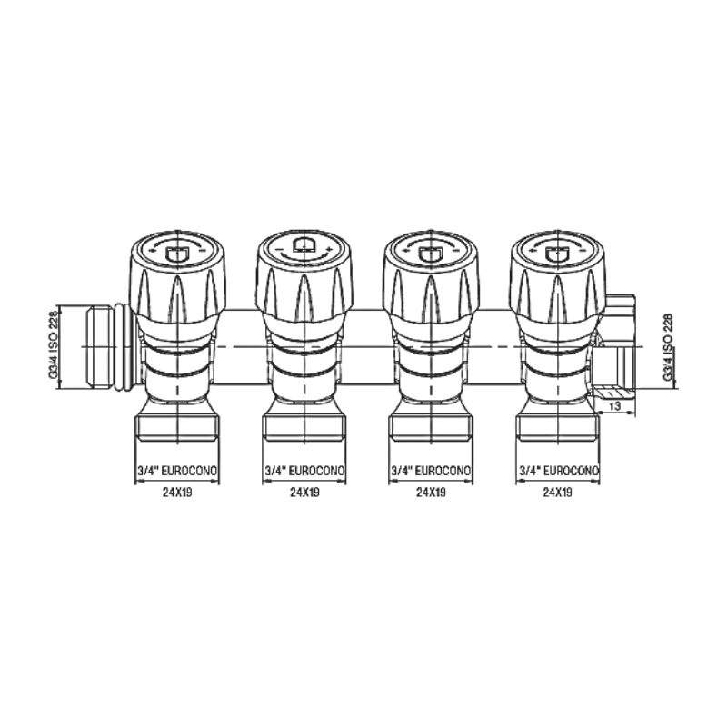 Колектор з регулюючими вентилями на 4 вих. Roho R809-04 - 3/4"x3/4" EK