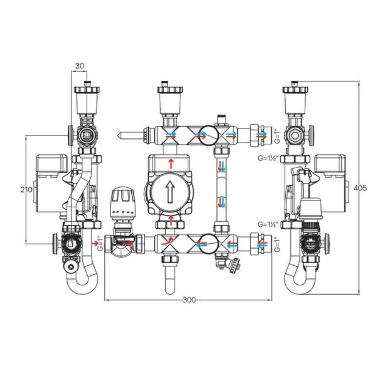Смесительный узел Koer KR.S1021 (с байпасом) 1" НР SUS304