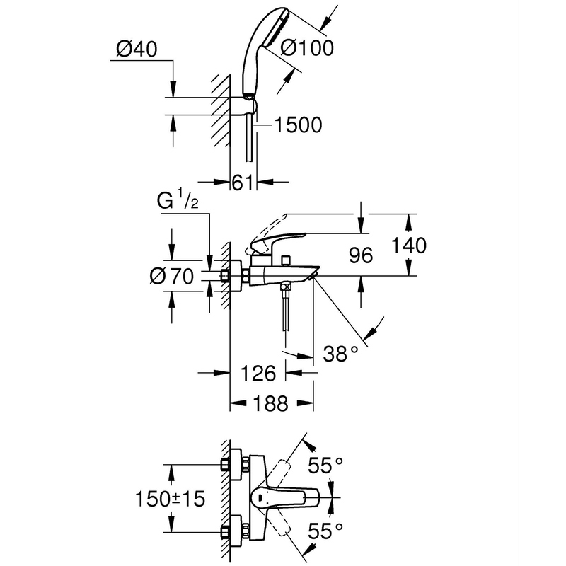 Однорычажный смеситель для ванны Grohe Eurosmart New