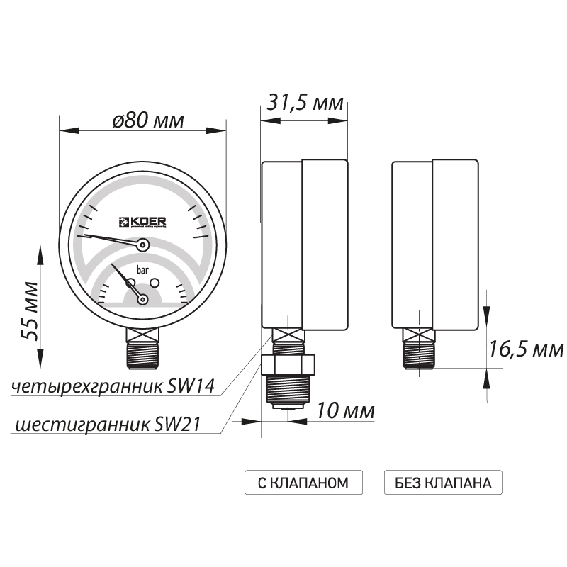Термо-манометр радіальний (KOER KM.821R) (0-10 бар), D 80мм, 1/4''-1/2''