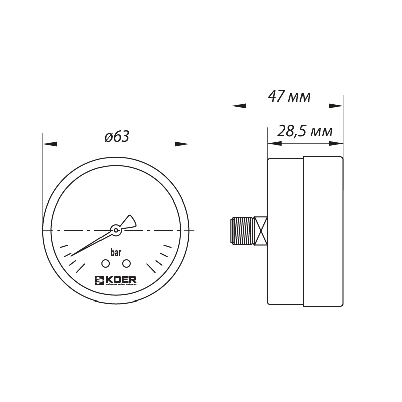 Манометр аксіальний (KOER KM.611A) (0-10 бар), D 63мм, 1/4''-1/2''