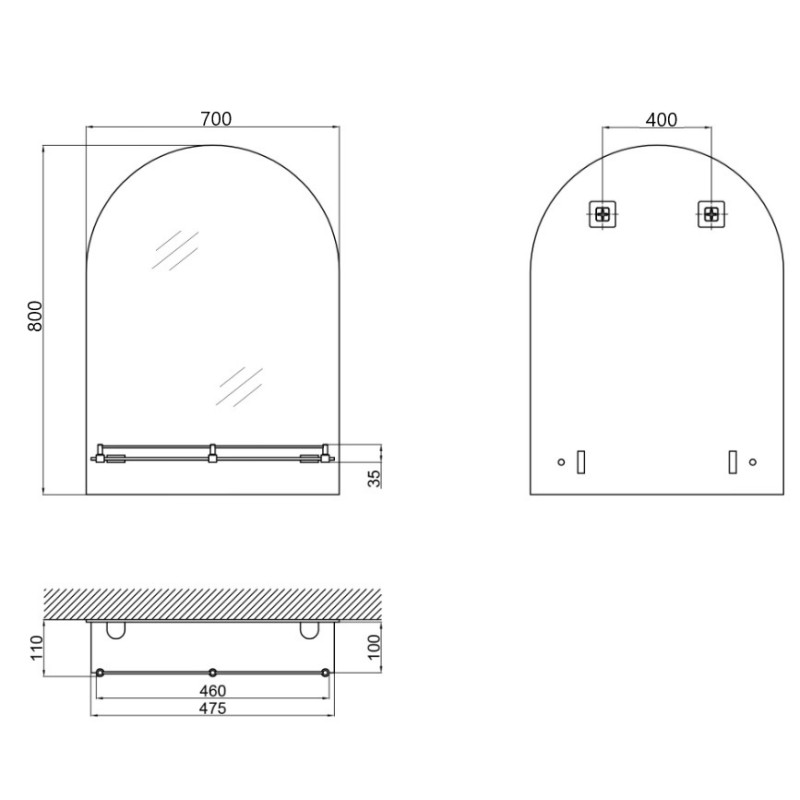 Зеркало настенное Zerix LAGUNA MRZ03-700x800x110 прямоугольное с дугообразным верхом и полкой (ZX56