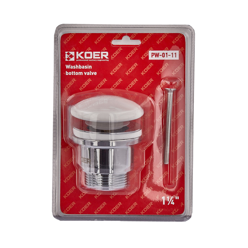 Донный клапан для умывальника Koer PW-01-11 1 1/4'' (кнопка) (Белая керамическая накладка)