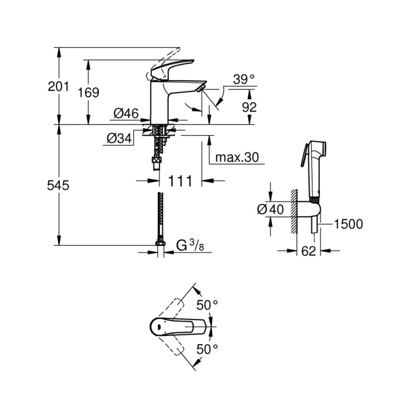 Смеситель для раковины с гигиеническим душем Grohe Eurosmart New