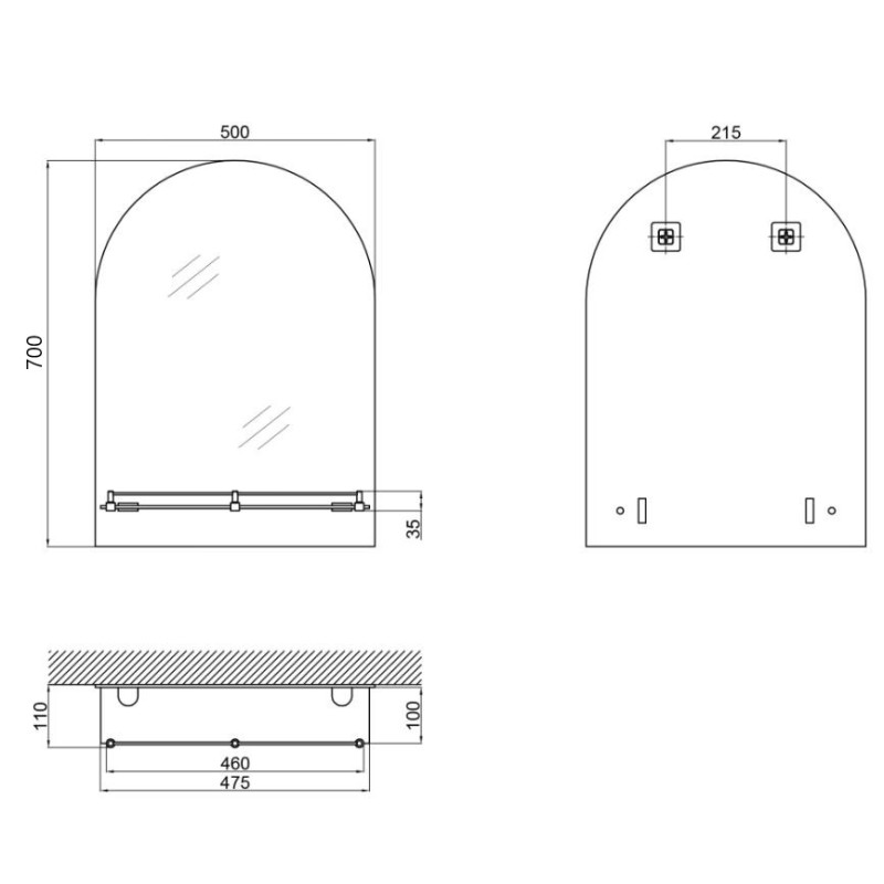Зеркало настенное Zerix LAGUNA MRZ03-500x700x110 прямоугольное с дугообразным верхом и полкой (ZX56