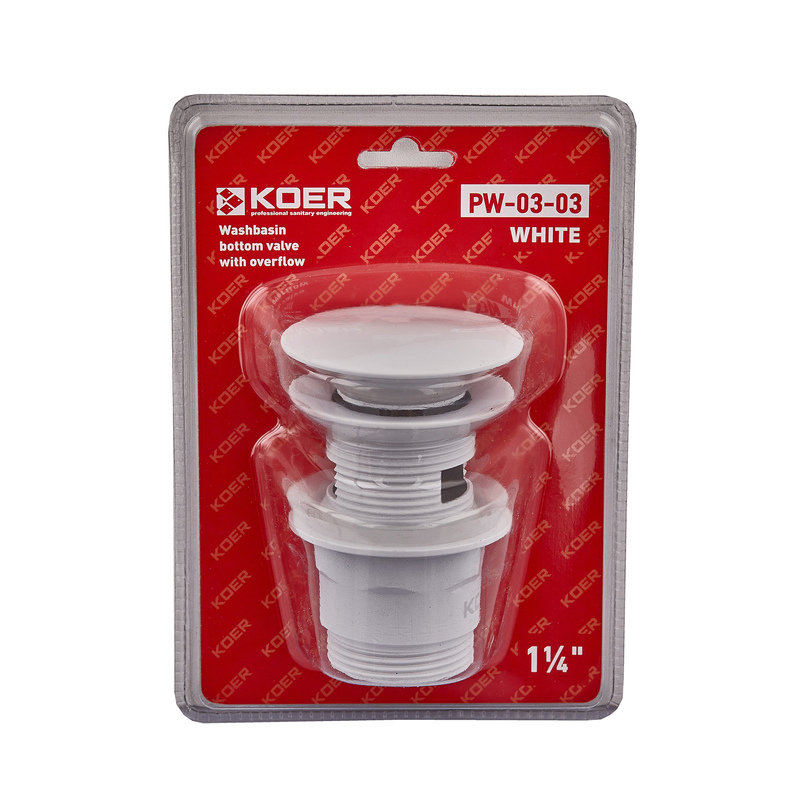 Донний клапан для умивальника з переливом Koer PW-03-03 1 1/4'' (кнопка) (Білий)