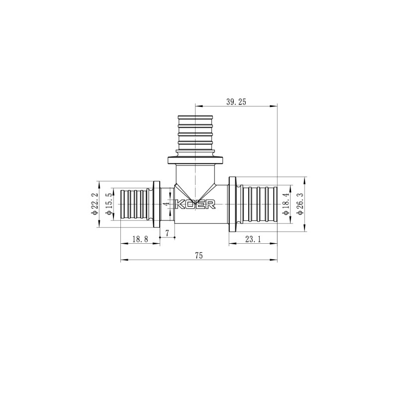 Тройник переходный Koer KA.T20-20-16 - 20(2.8mm) x 20(2.8mm) x 16(2.2mm)
