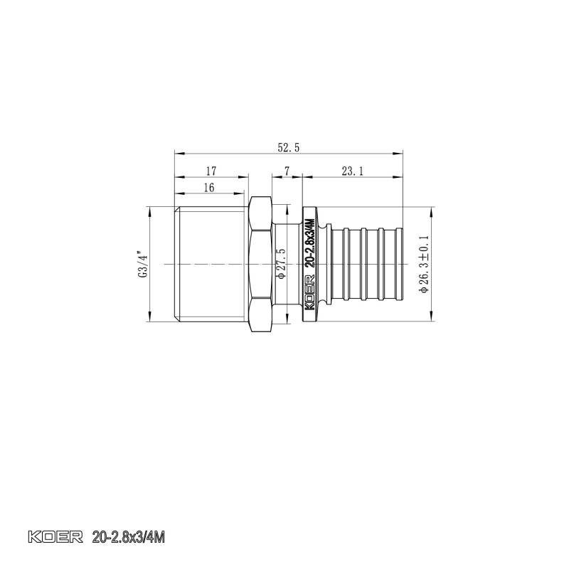 Переходник с НР Koer KA.A08M-20 - 20(2.8mm) x 3/4"M