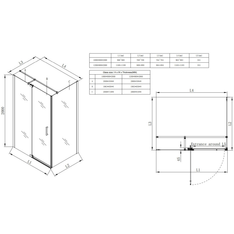 Душевая кабина без поддона Koer SR SC02-100x80x200-TR-01 прозрачное стекло Easy Clean 8мм, хром (KR