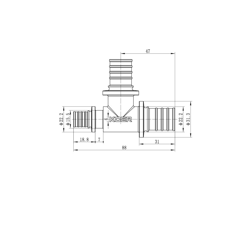 Тройник переходный Koer KA.T25-25-16 - 25(3.5mm) x 25(3.5mm) x 16(2.2mm)