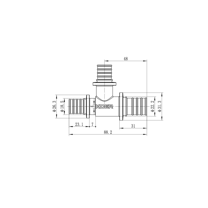 Тройник переходный Koer KA.T25-20-20 - 25(3.5mm) x 20(2.8mm) x 20(2.8mm)