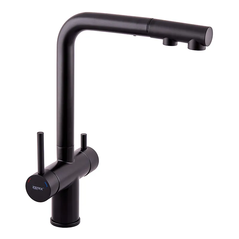 Смеситель кухонный на две воды Zerix LUX-024 Black с выдвижной лейкой (нерж. сталь)