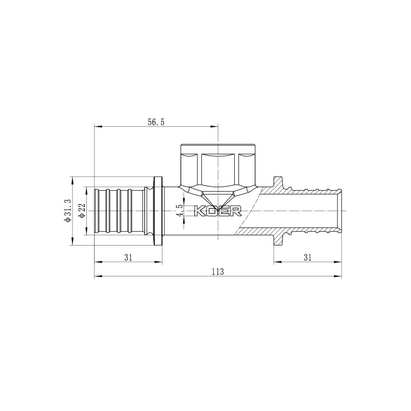 Тройник переходный с ВР Koer KA.T25-08F-25 - 25(3.5mm) x 3/4"F x 25(3.5mm)