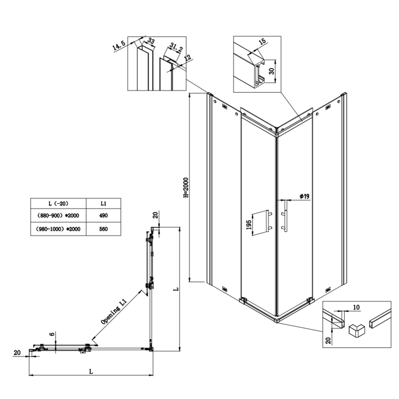 Душевая кабина без поддона Koer SR SC03-90x90x200-TR-12 прозрачное стекло Easy Clean 6мм, матовое з