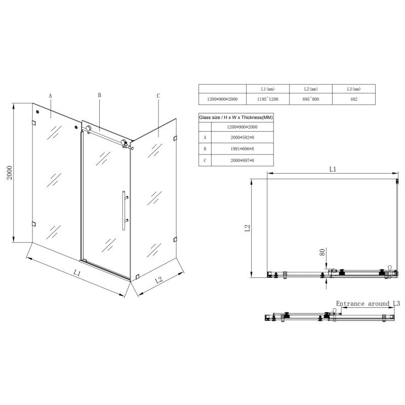 Душевая кабина без поддона Koer SR SC07-120x90x200-TR-01 прозрачное стекло Easy Clean 8мм, хром (KR