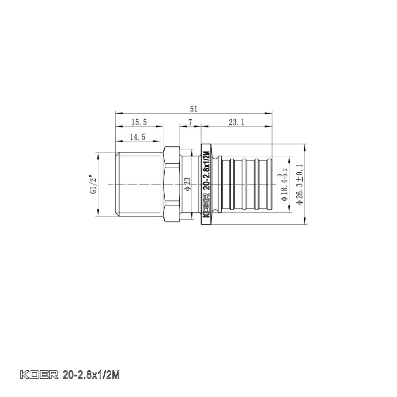 Переходник с НР Koer KA.A06M-20 - 20(2.8mm) x 1/2"M