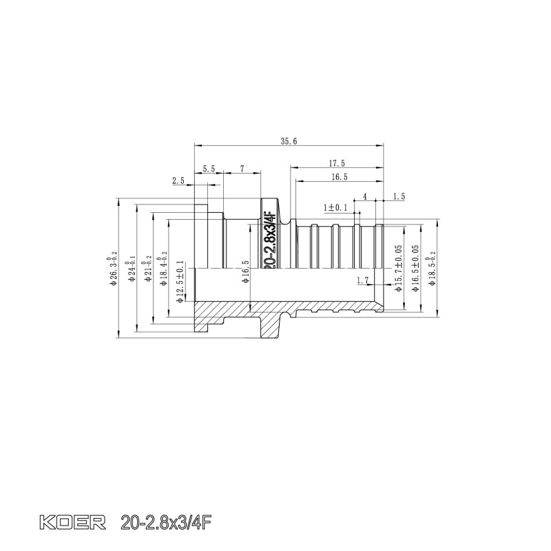 Переходник с накидной гайкой под плоское уплотнение Koer KA.A08F-20S - 20(2.8mm) x 3/4"F