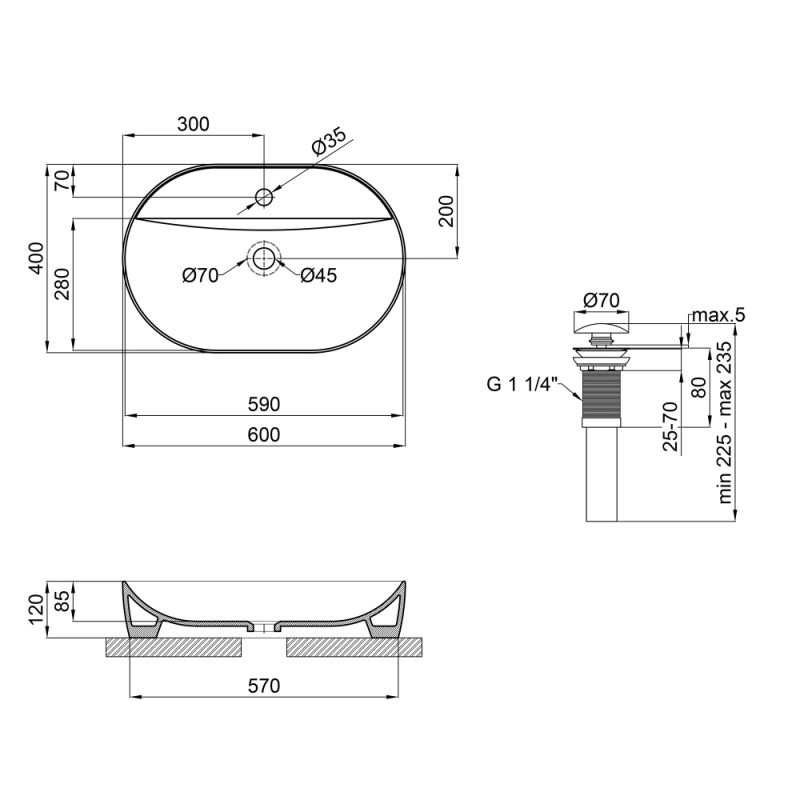 Раковина накладная Mixxus Premium ELLIPSE-0204 600х380х115mm с отверстием под смеситель