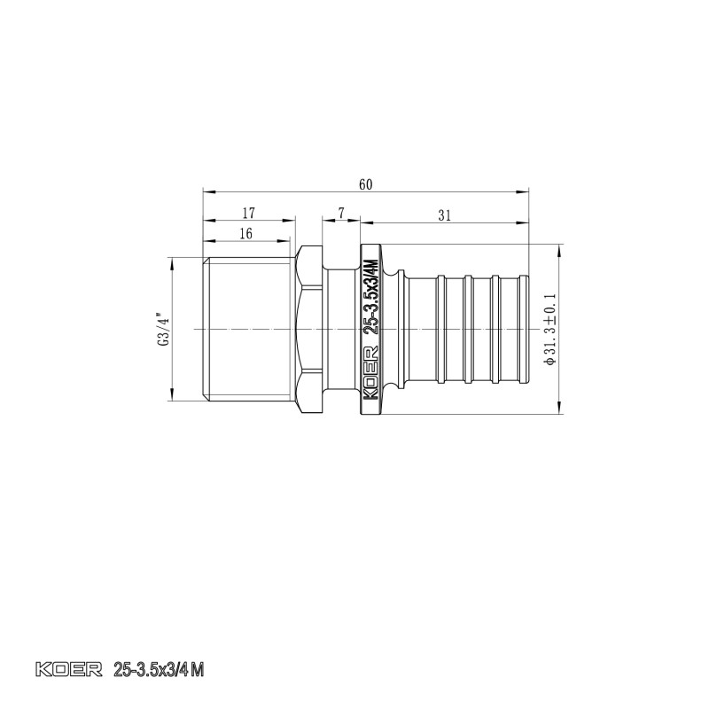 Переходник с НР Koer KA.A08M-25 - 25(3.5mm) x 3/4"M