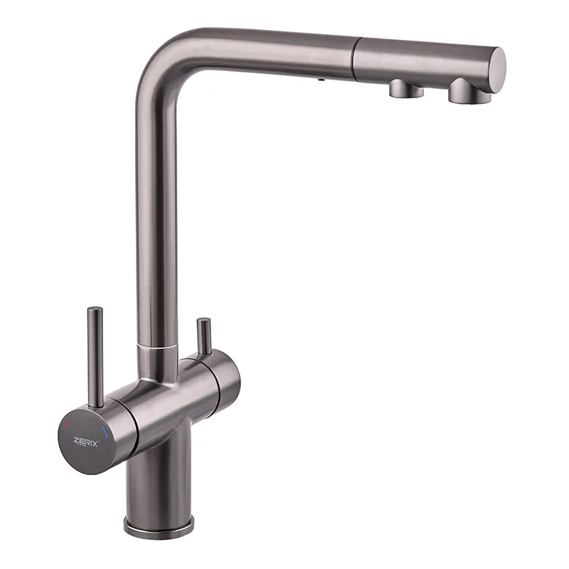 Смеситель кухонный на две воды Zerix LUX-024 Graphite с выдвижной лейкой (нерж. сталь)
