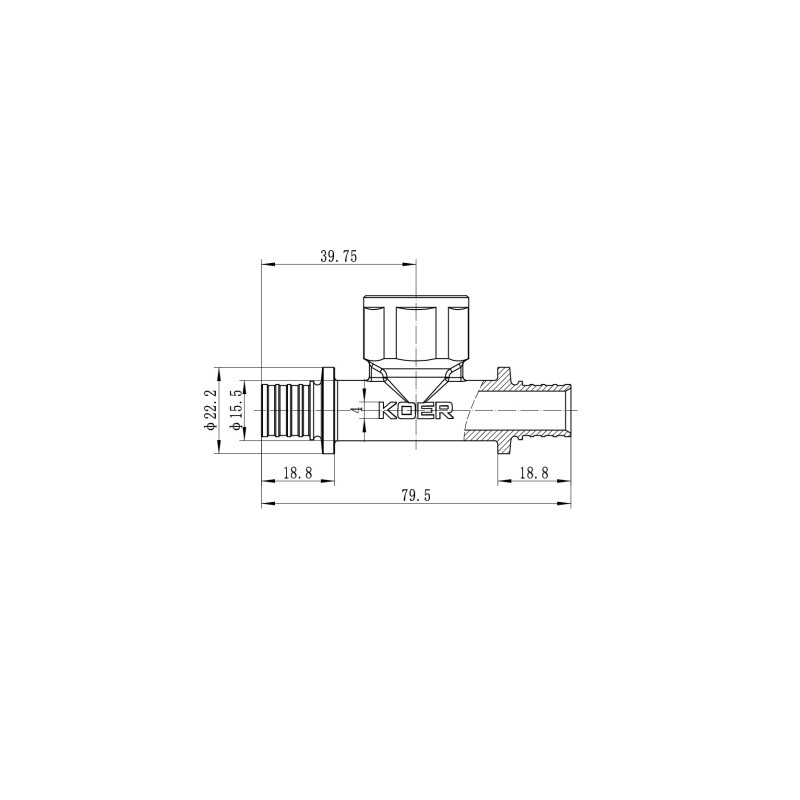 Тройник переходный с ВР Koer KA.T16-06F-16 - 16(2.2mm) x 1/2"F x 16(2.2mm)