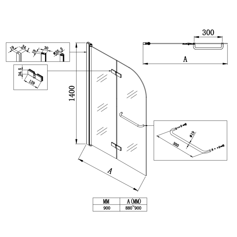 Шторки стеклянные на ванну Koer SR BS05-90x140-TR-01 прозрачное стекло Easy Clean 6мм, хром (KR5372