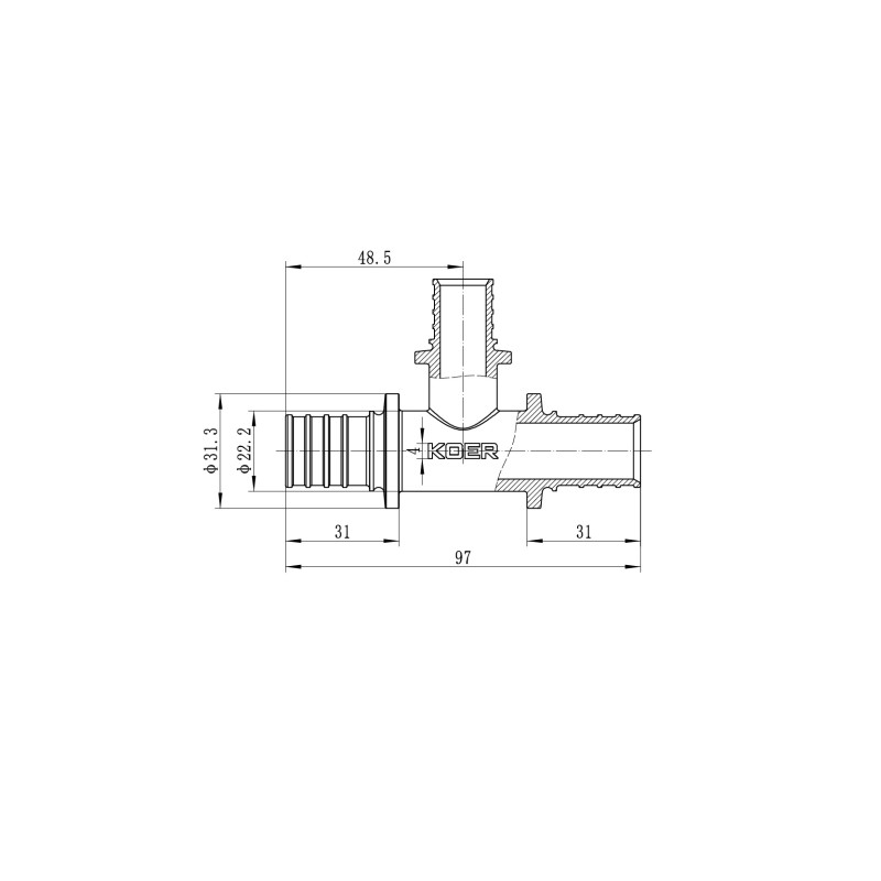 Тройник переходный Koer KA.T25-20-25 - 25(3.5mm) x 20(2.8mm) x 25(3.5mm)