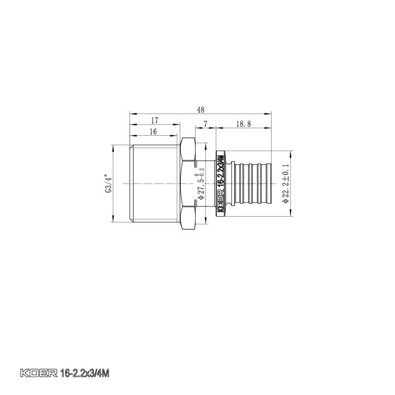 Переходник с НР Koer KA.A08M-16 - 16(2.2mm) x 3/4"M