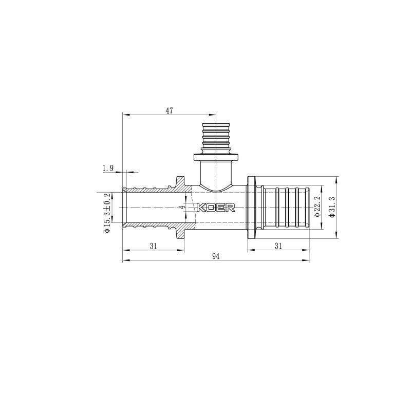Тройник переходный Koer KA.T25-16-25 - 25(3.5mm) x 16(2.2mm) x 25(3.5mm)