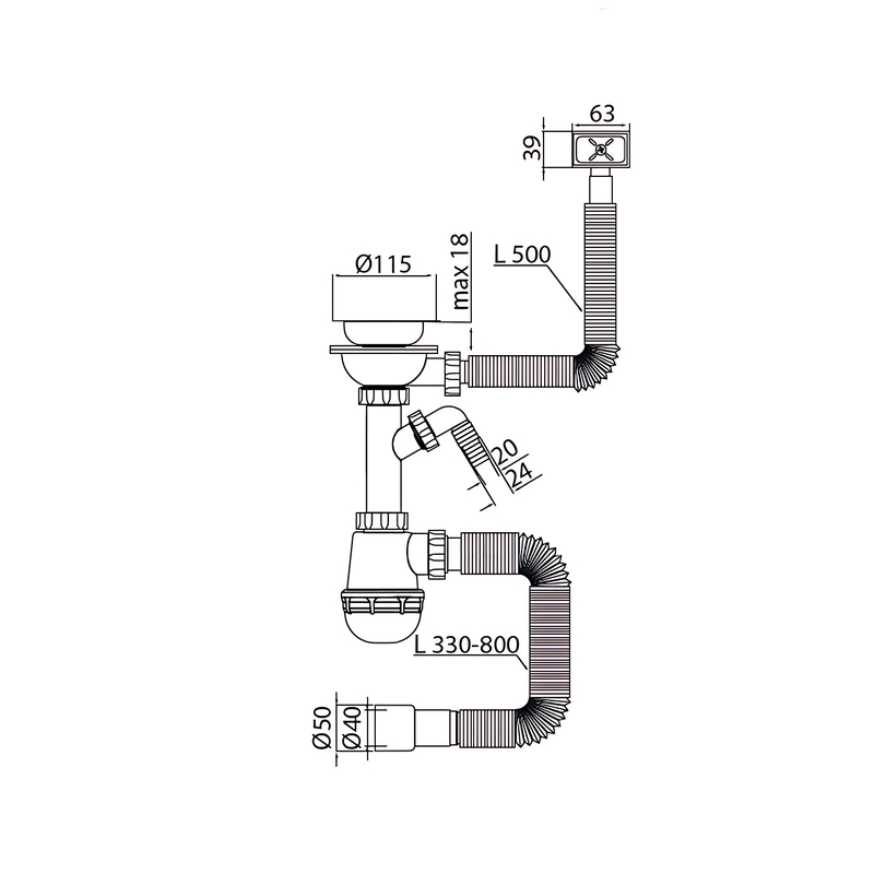 Сифон для кухни Mixxus SK-05-WH 3 1/2"x40 с пластиковой сеткой, отводом для стиральной машины, гибк