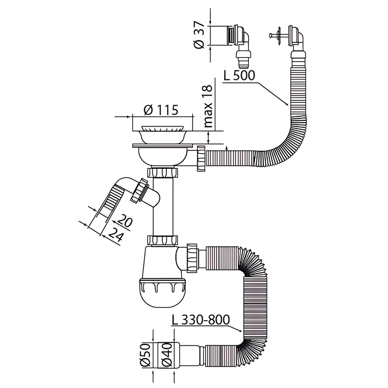 Сифон для кухни Mixxus SK-07-B 3 1/2"x40 с нерж.сеткой, отводом для стиральной машины, гибким круг.