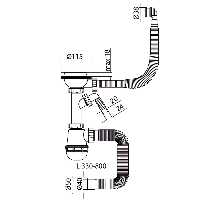 Сифон для кухни Mixxus SK-06-WH 3 1/2"x40 с пластиковой сеткой, отводом для стиральной машины, гибк