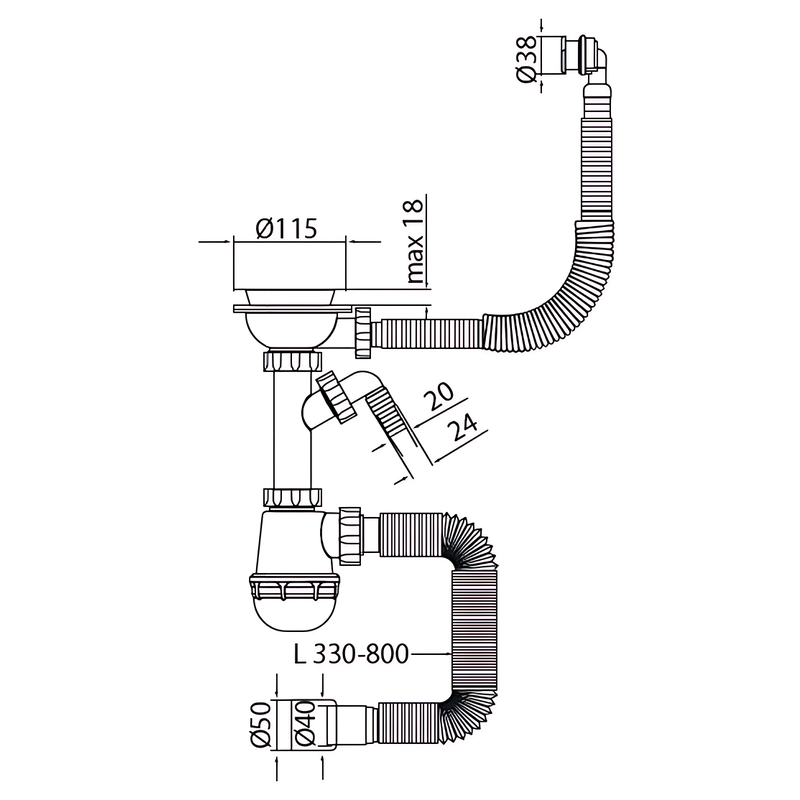 Сифон для кухни Mixxus SK-06-BL 3 1/2"x40 с пластиковой сеткой, отводом для стиральной машины, гибк