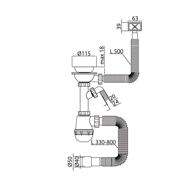 Сифон для кухни Mixxus SK-05-BL 3 1/2"x40 с пластиковой сеткой, отводом для стиральной машины, гибк