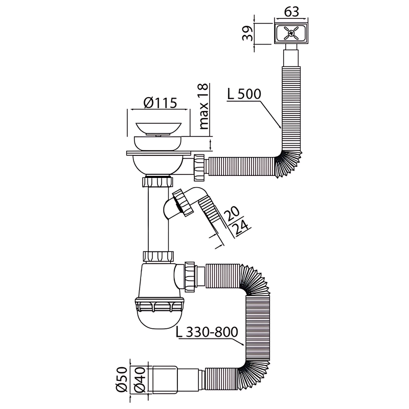 Сифон для кухни Mixxus SK-02-B 3 1/2"x40 с нерж.сеткой, отводом для стиральной машины, гибким прямо