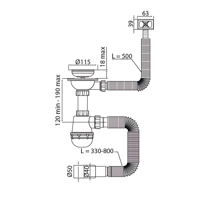 Сифон для кухни Mixxus SK-02-A 3 1/2"x40 с нержавеющей сеткой, гибким прямоугольным переливом (MI81