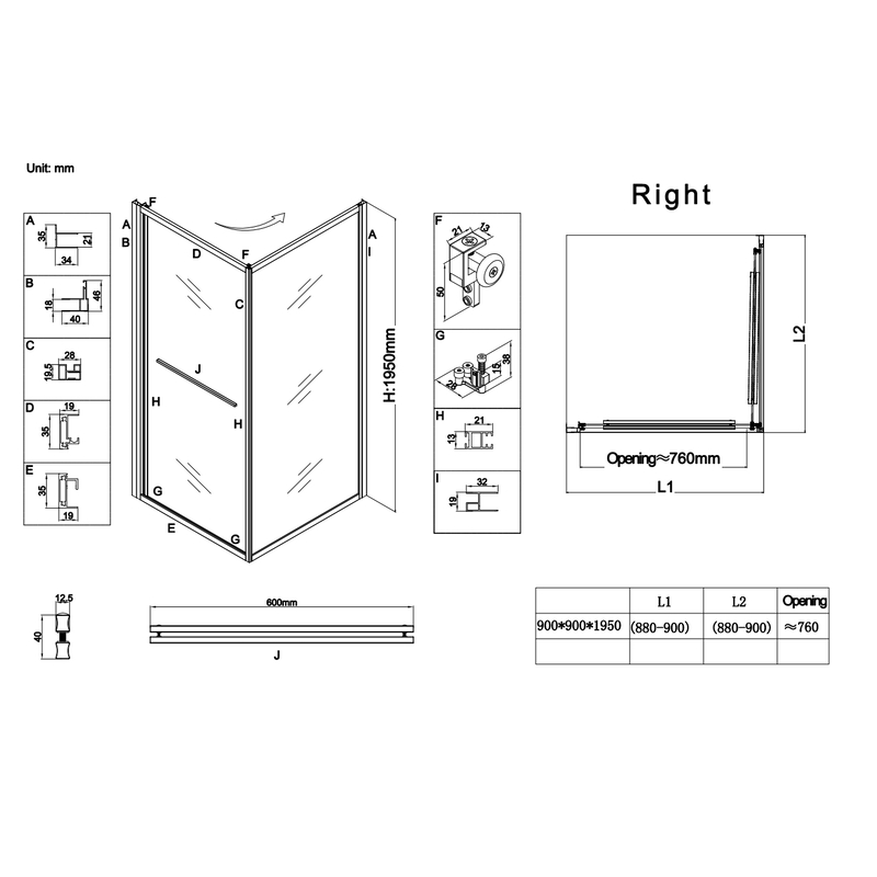 Душевая кабина без поддона Koer SR SC09-90x90x200-R-TR-07 прозрачное стекло Easy Clean 6мм Графит (