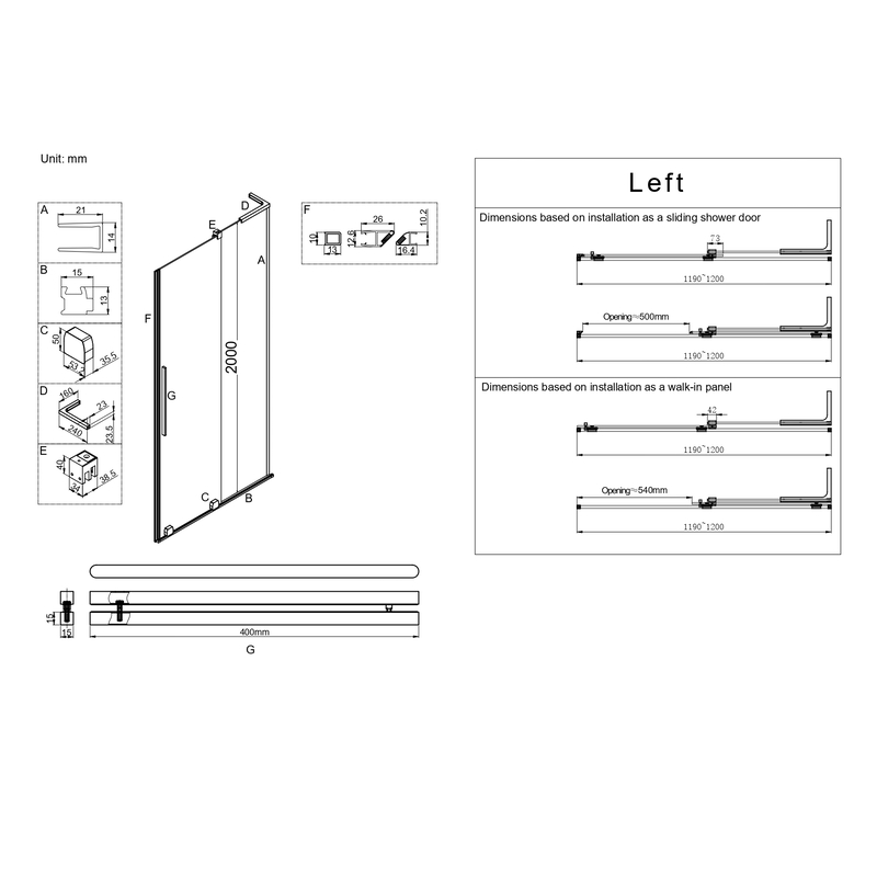 Дверь в нишу Walk-In раздвижная Koer SR SD07-120x200-L-TR-07 прозрачное стекло Easy Clean 8мм Графи