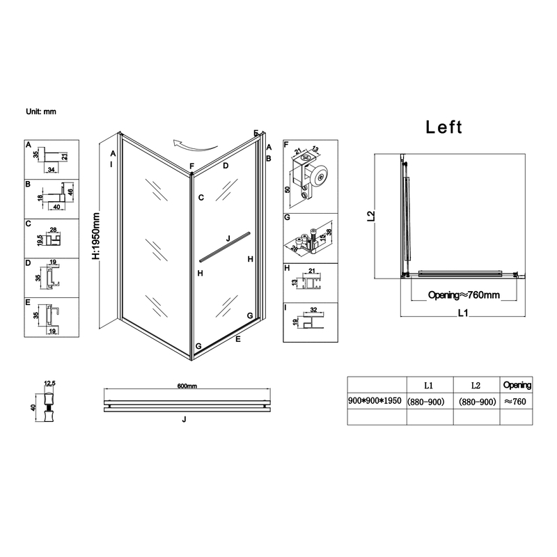 Душевая кабина без поддона Koer SR SC09-90x90x200-L-TR-07 прозрачное стекло Easy Clean 6мм Графит (