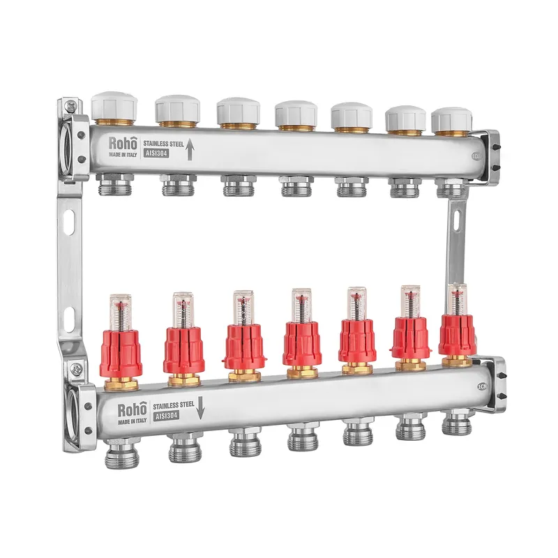 Коллектор с расходомером и термостатическими клапанами Roho R804-07M - 1"х 7 вых.