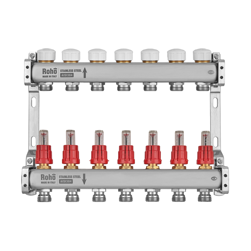 Коллектор с расходомером и термостатическими клапанами Roho R804-07M - 1"х 7 вых.