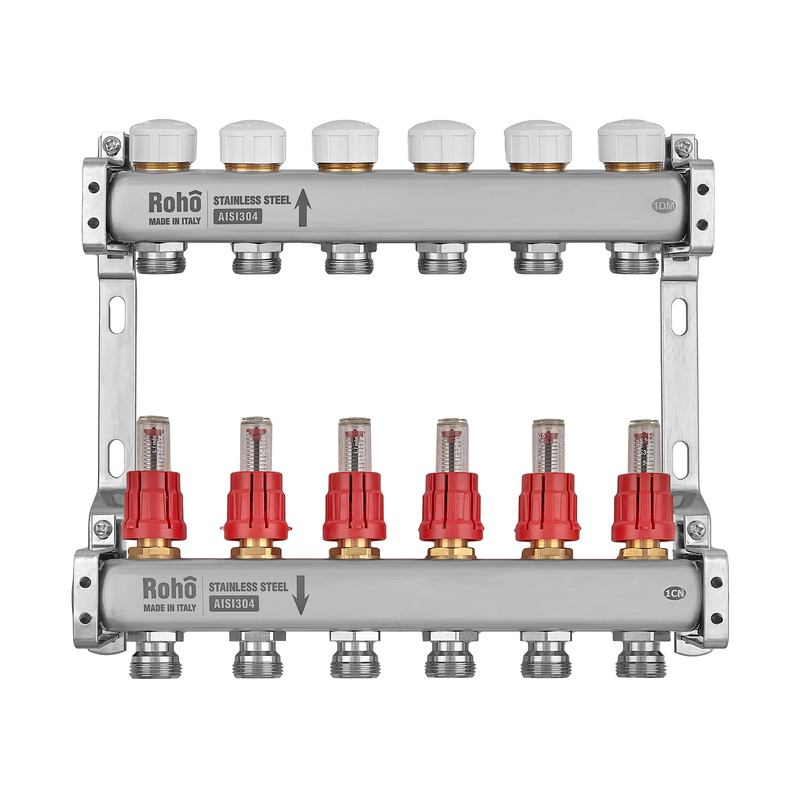 Коллектор с расходомером и термостатическими клапанами Roho R804-06M - 1"х 6 вых.