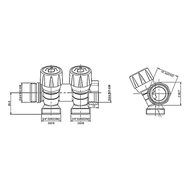 Колектор з регулюючими вентилями на 2 вих. Roho R809-02 - 3/4"x3/4" EK