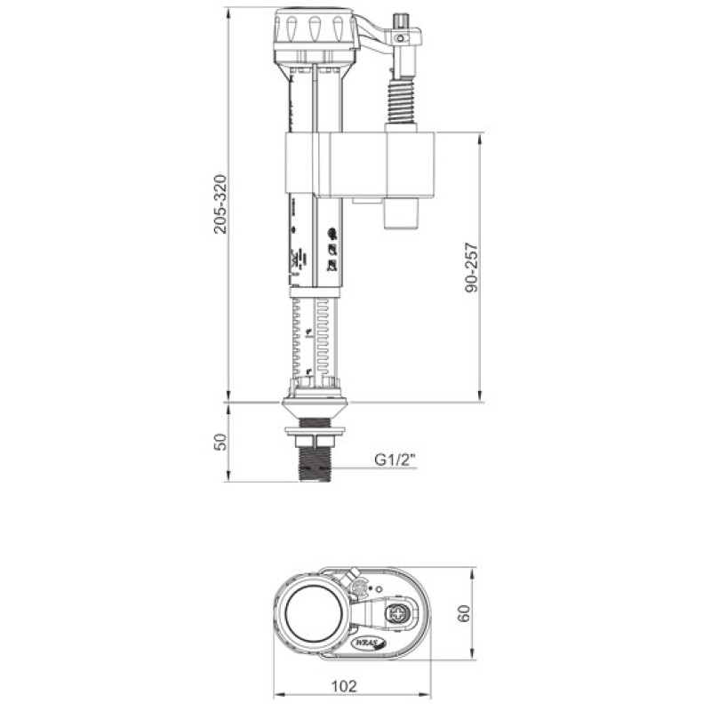 Арматура наполнительная Koer KT-0103-1/2" с нижним подключением и латунной резьбой 1/2"