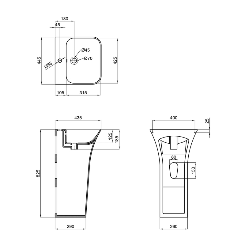 Раковина моноблок Mixxus BEVEL-1101 с отверстием под смеситель и переливом 450х435х835mm