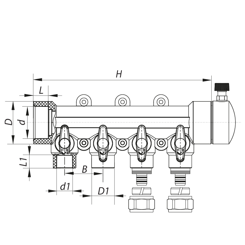 Коллектор распределительный 4-way с фитингом (40x20) PPR Koer K0192.PRO