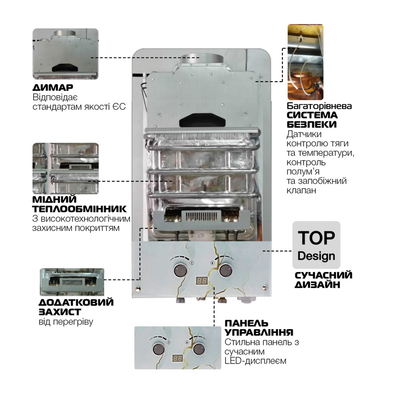 Газова колонка MIXXUS GWH-0510 BASIC GLASS димохідна 10 л/хв (панель зі скла з малюнком) (WH00)