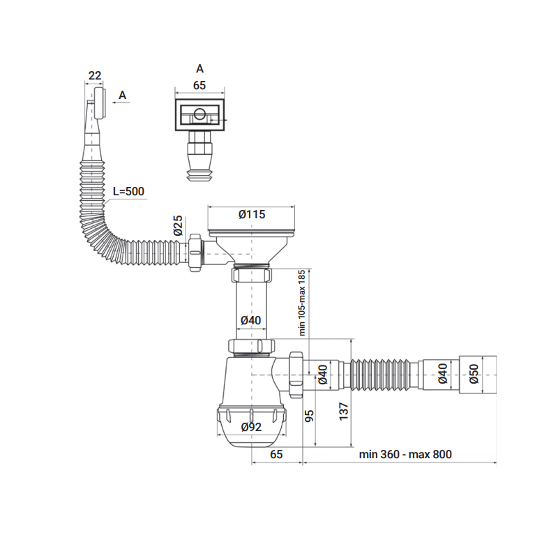 Сифон для кухни Zerix SK-02-A 3 1/2"x40 с резьб. выпуском и гибким прямоугольным переливом