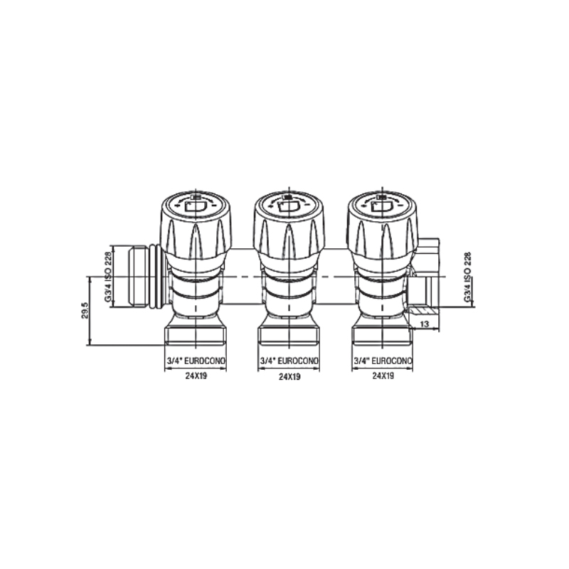 Колектор з регулюючими вентилями на 3 виходи Roho R809-03 - 3/4"x3/4" EK